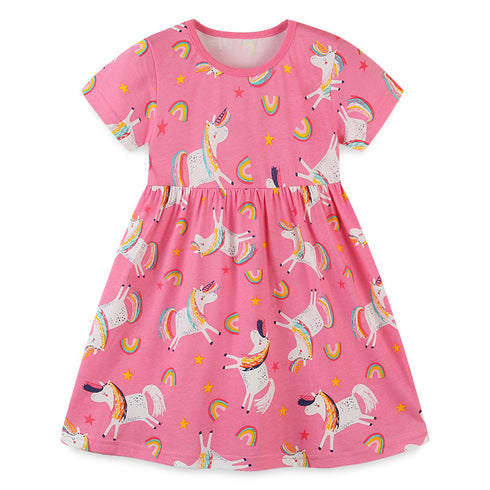 European And American Style Girls Short Sleeve Dress Summer Knitted Cotton Cartoon Round Neck Princess Dress Cute Printed Children's Dress
